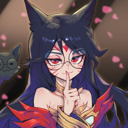 Rule 34 | 1girl, ahri (league of legends), animal ears, bare shoulders, black hair, closed mouth, commentary, english commentary, facial mark, finger to mouth, fingernails, fox ears, fox girl, glasses, hair between eyes, highres, immortalized legend ahri, league of legends, long hair, looking at viewer, official alternate costume, phantom ix row, pink petals, red eyes, sidelocks, solo, upper body, whisker markings