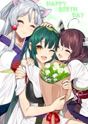 Rule 34 | 3girls, :3, :d, ;d, ^ ^, ahoge, animal ear fluff, animal ears, bouquet, brown hair, closed eyes, closed mouth, commentary request, eyebrows hidden by hair, flower, fox ears, girl sandwich, green hair, hair ornament, hand on another&#039;s head, happy birthday, headgear, highres, holding, holding bouquet, hug, japanese clothes, kimono, long hair, multiple girls, muneate, obi, one eye closed, open mouth, orange eyes, rose, sandwiched, sash, short sleeves, silver hair, smile, tasuki, touhoku itako, touhoku kiritan, touhoku zunko, twintails, voiceroid, white flower, white kimono, white rose, yappen