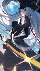 Rule 34 | 1girl, black dress, blue sky, blurry, blurry background, blurry foreground, breasts, claudia (tower of fantasy), dress, expressionless, from side, grey hair, hat, highres, holding, holding sword, holding weapon, long hair, looking at viewer, medium breasts, mole, mole under eye, nakaba (mode), outdoors, red eyes, signature, sky, solo, sword, tower of fantasy, weapon