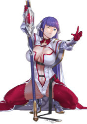 Rule 34 | 1girl, ;(, ankle boots, arm guards, armor, armored boots, artist name, blue eyes, blunt bangs, boots, breasts, bright pupils, center opening, cleavage, closed mouth, fate/grand order, fate (series), gloves, hamushima, holding, holding staff, large breasts, legs apart, long hair, looking afar, martha (fate), navel, outstretched arm, purple hair, red gloves, red thighhighs, simple background, solo, spread legs, squatting, staff, stomach, thighhighs, very long hair, white background