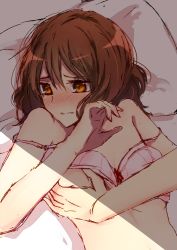 Rule 34 | 1girl, bed, bed sheet, bra, grabbing another&#039;s breast, brown eyes, brown hair, grabbing, grabbing sheets, nude, one breast out, oumae kumiko, pink bra, sae (renkyuuake), short hair, solo, underwear