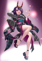 Rule 34 | 1girl, absurdres, black kimono, bob cut, breasts, clogs, eyeliner, fate/grand order, fate (series), floral print, headpiece, heart, highres, horn ornament, horn ring, horns, japanese clothes, kimono, legs, long sleeves, looking at viewer, lostroom outfit (fate), makeup, obi, oni, open mouth, purple eyes, purple hair, sandals, saruchitan, sash, short eyebrows, short hair, shuten douji (fate), shuten douji (lostroom outfit) (fate), skin-covered horns, small breasts, smile, solo, wide sleeves