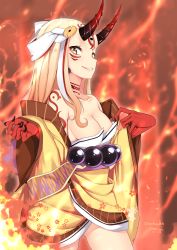 Rule 34 | 1girl, bare shoulders, blonde hair, breasts, cleavage, fate/grand order, fate (series), fire, fire, floral, highres, horns, ibaraki douji (fate), japanese clothes, kimono, long hair, looking at viewer, looking to the side, monster girl, nebusoku (nebusoku2000), nipple slip, nipples, no bra, oni, pulled by self, pulling top, small breasts, smile, tattoo, thighs, yellow eyes, yellow kimono