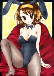 Rule 34 | 1girl, animal ears, blush, bow, bowtie, breasts, brown eyes, brown hair, brown pantyhose, cameltoe, cleavage, couch, crotch, detached collar, detached sleeves, fake animal ears, feet, hair ornament, hairband, large breasts, legs, leotard, looking at viewer, my (mylilla811), no shoes, outside border, pantyhose, playboy bunny, rabbit ears, short hair, sitting, smile, solo, spread legs, suzumiya haruhi, suzumiya haruhi no yuuutsu, toes, traditional media, wrist cuffs
