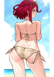 1girl absurdres ass bare_shoulders beach bikini cowboy_shot from_behind highres ocean pyra_(xenoblade) red_eyes red_hair sand short_hair side-tie_bikini_bottom solo swimsuit tiara white_bikini xenoblade_chronicles_(series) xenoblade_chronicles_2 yotsuha_uni