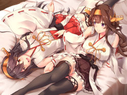 Rule 34 | 10s, 2girls, ahoge, awa yume, bare shoulders, black footwear, black hair, black legwear, boots, breasts, brown eyes, brown hair, detached sleeves, double bun, hair ornament, hairband, hairclip, haruna (kancolle), headgear, japanese clothes, kantai collection, kongou (kancolle), long hair, lying, multiple girls, nontraditional miko, on back, purple eyes, remodel (kantai collection), ribbon-trimmed sleeves, ribbon trim, smile, thigh boots, thighhighs