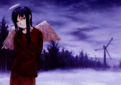 Rule 34 | 1girl, abe yoshitoshi, absurdres, arms behind back, bare tree, black eyes, black hair, closed mouth, cloud, feathered wings, haibane renmei, halo, highres, long hair, long sleeves, looking at viewer, non-web source, pants, purple sky, red pants, red shirt, reki (haibane), scan, shirt, sidelocks, sky, solo, standing, tree, white wings, wind turbine, windmill, wings