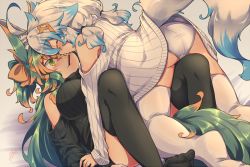 Rule 34 | 2girls, ahoge, all fours, animal ear fluff, animal ears, black legwear, blush, breasts, brown hair, closed eyes, clothing cutout, food, green eyes, green hair, kuromiya, kuromiya raika (kuromiya), large breasts, long hair, looking at another, lying, multicolored hair, multiple girls, on back, original, panties, pocky, pocky day, pocky kiss, ribbed sweater, shared food, shiromiya asuka (kuromiya), short hair, shoulder cutout, sweatdrop, sweater, tail, thighhighs, two-tone hair, underwear, white hair, white legwear, white panties