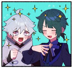 Rule 34 | 2boys, :d, ahoge, aqua background, bandaged arm, bandages, black gloves, blue bow, blue bowtie, blue eyes, blue hair, blue jacket, blush, border, bow, bowtie, bright pupils, brooch, chongyun (genshin impact), clenched hand, closed eyes, fingerless gloves, flying sweatdrops, genshin impact, gloves, hair between eyes, hand up, hood, hood down, hoodie, jacket, jewelry, long sleeves, looking at another, low ponytail, male focus, multiple boys, nploser, official alternate costume, open mouth, parted bangs, ponytail, puffy long sleeves, puffy sleeves, short hair, short ponytail, sidelocks, simple background, smile, sparkle, upper body, v-shaped eyebrows, white border, white hoodie, white pupils, xingqiu (bamboo rain) (genshin impact), xingqiu (genshin impact)