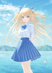 Rule 34 | 1girl, ahoge, animal, arms behind back, bird, blonde hair, blue bow, blue bowtie, blue eyes, blue ribbon, blue skirt, blue sky, bow, bowtie, cloud, collared shirt, commentary request, day, eyes visible through hair, hair ribbon, highres, hill, long hair, looking at viewer, name tag, open mouth, original, outdoors, pleated skirt, ribbon, school uniform, shirt, skirt, sky, solo, standing, two side up, water, white shirt, wind, yashiro seika