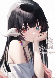 Rule 34 | 1girl, absurdres, au ra, black hair, black nails, blue eyes, commission, cyobiro, dragon horns, final fantasy, final fantasy xiv, from side, hand rest, heterochromia, highres, hime cut, horns, long hair, looking at viewer, multicolored hair, nail polish, off-shoulder shirt, off shoulder, red eyes, scales, shirt, skeb commission, solo, streaked hair, thank you, upper body, warrior of light (ff14), white background, white shirt