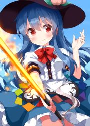 Rule 34 | 1girl, black hat, blue hair, blue skirt, blush, buttons, center frills, closed mouth, collared shirt, cowboy shot, food, food-themed hat ornament, frilled skirt, frills, fruit, fruit hat ornament, hair between eyes, hat, hat ornament, highres, hinanawi tenshi, holding, holding sword, holding weapon, long hair, peach, puffy short sleeves, puffy sleeves, red eyes, ruu (tksymkw), shirt, short sleeves, skirt, smile, solo, sword, sword of hisou, touhou, weapon, white shirt