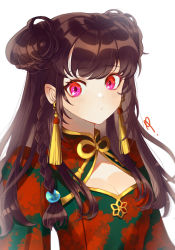 Rule 34 | 1girl, braid, breasts, brown hair, cleavage, closed mouth, commentary request, double bun, dress, earrings, expressionless, floral print, gold trim, green dress, hair bun, highres, jewelry, long hair, long sleeves, looking at viewer, medium breasts, original, red eyes, rosette (roze-ko), side braid, sidelocks, signature, simple background, solo, tassel, tassel earrings, upper body, white background