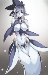 Rule 34 | 1girl, animal ears, artist request, black sclera, blue hair, blue skin, breasts, bubble, closed mouth, colored sclera, colored skin, cowboy shot, female focus, fins, gills, grey background, grey hair, hair between eyes, highres, large breasts, long hair, looking at viewer, mermaid, mershark (monster girl encyclopedia), monster girl, monster girl encyclopedia, multicolored hair, navel, nude, ponytail, shark girl, slit pupils, smile, solo, two-tone hair, vins-mousseux, yellow eyes
