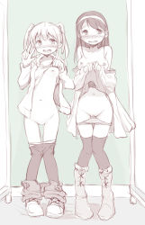 Rule 34 | 2girls, blush, boots, breasts, clothes lift, clothes pull, door, dress, dress lift, embarrassed, hairband, highres, jacket, kamome shop, long hair, long sleeves, looking at viewer, monochrome, multiple girls, navel, nipples, off-shoulder, open clothes, open jacket, open mouth, panties, panty pull, pantyhose, pantyhose pull, pussy, shirt lift, shoes, shorts, shorts pull, small breasts, smile, standing, thighhighs, twintails, underwear, v