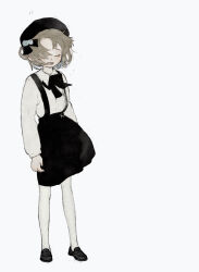 Rule 34 | 1girl, arms at sides, beret, black bow, black bowtie, black hat, black ribbon, black skirt, bow, bowtie, brown hair, closed eyes, collared shirt, colored inner hair, facing viewer, floating hair, full body, grey hair, hair over one eye, hair ribbon, hat, hatoba tsugu, highres, jippu (45fun), loafers, long sleeves, mole, mole under eye, multicolored hair, negative space, open mouth, pantyhose, raised eyebrows, ribbon, shirt, shirt tucked in, shoes, short hair, simple background, single hair ring, skirt, smile, solo, standing, suspender skirt, suspenders, tsugu (vtuber), virtual youtuber, white background, white pantyhose, white shirt