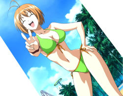Rule 34 | 00s, 1girl, amusement park, antenna hair, bikini, cloud, day, closed eyes, front-tie top, green apparel, green bikini, hand on own hip, hands on own hips, highres, hip focus, kampfer, kondou mikoto, open mouth, screencap, short hair, side-tie bikini bottom, sky, smile, solo, stitched, swimsuit, third-party edit, tree, v
