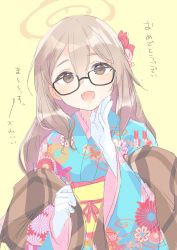 Rule 34 | 1girl, akane (blue archive), alternate costume, blue archive, blush, brown eyes, elbow gloves, floral print, glasses, gloves, hair ornament, halo, highres, japanese clothes, kimono, kyuuri (miyako), light brown hair, long hair, looking at viewer, obi, open mouth, sash, simple background, solo, translated, upper body, white gloves, yellow background