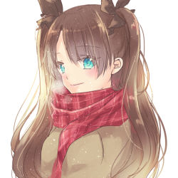 Rule 34 | 1girl, black bow, blue eyes, bow, brown hair, brown sweater, casual, closed mouth, fate/stay night, fate (series), hair between eyes, hair bow, long hair, plaid, plaid scarf, red scarf, ro96cu, scarf, simple background, smile, solo, sweater, tohsaka rin, twintails, upper body, very long hair, white background