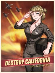 Rule 34 | 1girl, absurdres, aircraft, airplane, belt, blonde hair, blue eyes, border, breasts, cleavage, commentary, commission, dog tags, english commentary, english text, fighter jet, freckles, helmet, highres, holding, holding helmet, jet, jumpsuit, large breasts, looking at viewer, medium hair, military, military vehicle, name tag, one eye closed, pilot helmet, pilot suit, poster (medium), prez (project wingman), project wingman, propaganda, salute, second-party source, short ponytail, smile, solo, standing, white border, zxpfer