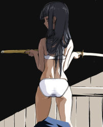 Rule 34 | 1girl, ass, black hair, bra, lingerie, long hair, original, panties, shinai, solo, sword, takashi akira, underwear, underwear only, weapon