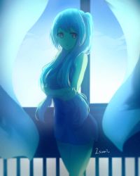 Rule 34 | 1girl, backlighting, commentary, cowboy shot, crossed arms, curtains, dress, hatsune miku, highres, isumi (yangyan), long hair, solo, symbol-only commentary, teal hair, twintails, vocaloid, window