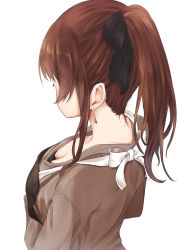Rule 34 | 1girl, apron, black bra, bow, bra, breasts, brown hair, cleavage, commentary request, earrings, from above, from behind, hair bow, highres, idolmaster, idolmaster million live!, izuminnu, jewelry, long hair, medium breasts, nape, ponytail, satake minako, simple background, solo, underwear, upper body, white background