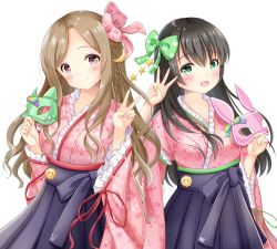 Rule 34 | 2girls, :d, animal print, black hair, blush, bow, braid, brown hair, cat mask, cat print, closed mouth, commentary request, copyright request, crescent, crescent hair ornament, floral print, frilled kimono, frills, green bow, green eyes, hair between eyes, hair bow, hair ornament, hakama, hakama skirt, head tilt, holding, holding mask, inahori, japanese clothes, kimono, long hair, long sleeves, looking at viewer, mask, unworn mask, multiple girls, official art, open mouth, pink bow, pink kimono, print bow, print kimono, purple hakama, rabbit mask, rabbit print, red eyes, ribbon-trimmed sleeves, ribbon trim, short kimono, simple background, skirt, smile, star (symbol), very long hair, white background, wide sleeves