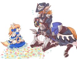 Rule 34 | 1boy, 1girl, :d, animal ears, armor, black coat, black headwear, blonde hair, blue bow, blue dress, blue eyes, bow, brown legwear, centaur, coat, commentary request, dog ears, dog tail, dress, fang, fkufku, flower wreath, flying sweatdrops, frilled dress, frills, full body, furry, furry female, furry male, gauntlets, hair between eyes, hair bow, hat, holding, horse tail, horseback riding, horseshoe, long hair, long sleeves, looking at another, military, military uniform, monster boy, monster girl, multiple legs, open mouth, original, rapier, red eyes, riding, saddle, sheath, sheathed, shirt, shoulder pads, sidelocks, simple background, sitting, smile, snout, sweat, sword, tail, taur, twintails, twitter username, uniform, weapon, white shirt