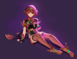 Rule 34 | 1girl, black gloves, boots, breasts, chest jewel, circlet, closed mouth, fingerless gloves, full body, gloves, hao zeng, highres, impossible clothes, large breasts, legs, medium hair, on floor, purple background, pyra (xenoblade), red eyes, red footwear, red hair, short sleeves, sitting, smile, solo, swept bangs, thigh boots, xenoblade chronicles (series), xenoblade chronicles 2