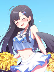 Rule 34 | 1girl, absurdres, ahoge, black hair, black wings, blue archive, blush, breasts, cheering, cheerleader, closed eyes, cowboy shot, feathered wings, highres, holding, holding pom poms, ichika (blue archive), long hair, low wings, m-shiganai, medium breasts, navel, open mouth, pom pom (cheerleading), pom poms, sailor collar, signature, solo, twitter username, white sailor collar, wings