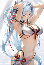 Rule 34 | 1girl, armpits, arms behind head, arms up, bare shoulders, bikini, black bikini, blue eyes, breasts, cleavage, collarbone, commentary, eyeliner, genshin impact, hair ornament, hair over one eye, hair ribbon, large breasts, long hair, looking at viewer, makeup, mouth hold, navel, ribbon, scottie (phantom2), shenhe (genshin impact), solo, swimsuit, tassel, two-tone bikini, tying hair, very long hair, vision (genshin impact), white bikini, white hair