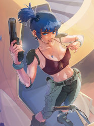 Rule 34 | 1girl, :p, abs, belt, blue eyes, blue hair, boots, earrings, elbow pads, gun, handgun, highres, holster, hover bike, jewelry, looking at viewer, naughty face, no bra, ponytail, rag uralo, science fiction, sentou mecha xabungle, shoulder pads, signature, tank top, toned, tongue, tongue out, umeno ryuuji, weapon, xabungle