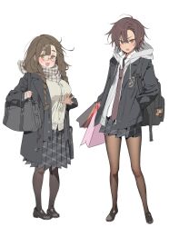 2girls annoyed backpack bag black_jacket black_pantyhose black_skirt blush braid breasts brown_eyes brown_hair character_request glasses hand_in_pocket height_difference hood hoodie jacket large_breasts long_hair long_necktie long_skirt multiple_girls necktie ohta_guk_hip open_mouth pantyhose rimless_eyewear scarf shoes short_hair shortstack shoulder_bag skirt smile sweater twin_braids waving white_background white_hoodie white_sweater