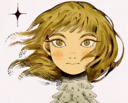 Rule 34 | 1girl, birdfrogdraws, blonde hair, collar, commentary, diamond (shape), dungeon meshi, expressionless, falin thorden, floating hair, frills, grey background, looking at viewer, short hair, simple background, solo, yellow eyes