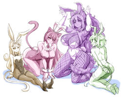 Rule 34 | 4girls, :3, animal ears, arms up, ascot, bare arms, bare legs, bare shoulders, blush, bow, bowtie, breasts, brooch, cat ears, cat girl, cat tail, commentary, covered navel, detached collar, elbow gloves, english commentary, fake animal ears, fishnets, gloves, hairband, high heels, huge breasts, jewelry, kneeling, large breasts, leotard, long hair, looking at viewer, mazume, multiple girls, multiple monochrome, original, pantyhose, rabbit ears, rabbit tail, shoes, short hair, simple background, sitting, sketch, small breasts, smile, strapless, strapless leotard, tail, thighband pantyhose, thighhighs, very long hair, white background, wrist cuffs