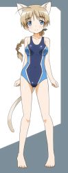Rule 34 | 1girl, ahoge, animal ears, barefoot, blue eyes, blush, breasts, brown hair, competition swimsuit, long hair, lynette bishop, medium breasts, navel, one-piece swimsuit, smile, solo, strike witches, swimsuit, tail, world witches series, yumekaranigeruna