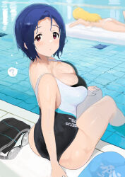 Rule 34 | ?, ahoge, blonde hair, blush, breasts, cleavage, competition swimsuit, highres, hitodama (madatohi), hoshii miki, idolmaster, idolmaster (classic), idolmaster million live!, large breasts, looking at viewer, looking back, miura azusa, one-piece swimsuit, pool, poolside, short hair, soaking feet, solo focus, spoken question mark, swim cap, swim goggles, swimsuit, two-tone one-piece swimsuit
