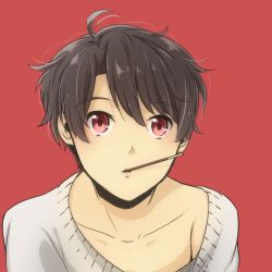 Rule 34 | 10s, 1boy, aldnoah.zero, bad id, bad pixiv id, brown hair, food, kaizuka inaho, male focus, mouth hold, pocky, portrait, red background, red eyes, seiran (blue-orchid), solo, sweater