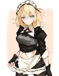 Rule 34 | 1girl, absurdres, apron, aqua eyes, armor, black gloves, blonde hair, character name, closed mouth, commentary request, cowboy shot, fingerless gloves, g36 (girls&#039; frontline), g36 (mod3) (girls&#039; frontline), girls&#039; frontline, gloves, hair between eyes, highres, long hair, looking at viewer, maid, maid headdress, mod3 (girls&#039; frontline), navel, ozeu0916, pantyhose, smile, solo
