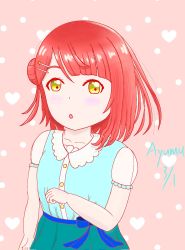 Rule 34 | 1girl, :o, aqua dress, artist name, artist request, blue skirt, bluw bow, breasts, collarbone, dated, dress, female focus, heart, highres, looking at viewer, love live!, love live! nijigasaki high school idol club, orange hair, parted lips, pink background, puffy short sleeves, puffy sleeves, red hair, short hair, short sleeves, skirt, small breasts, uehara ayumu, upper body