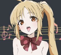 Rule 34 | 1girl, ahoge, black background, blonde hair, blush, bocchi the rock!, bow, bowtie, breasts, brown eyes, commentary request, don&#039;t say &quot;lazy&quot;, genre connection, head tilt, highres, ijichi nijika, long hair, looking at viewer, musical note, naked bowtie, nude, out-of-frame censoring, parody, polka dot bowtie, portrait, red bow, red bowtie, side ponytail, sidelocks, small breasts, solo, staff (music), teeth, tongue, tongue out, ukitaryu, upper teeth only