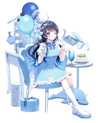 Rule 34 | 1girl, balloon, black hair, blue bow, blue dress, blue eyes, blue hair, blush, boots, bow, breasts, closed mouth, commentary request, dress, earrings, food, gloves, gradient hair, hair ornament, hairclip, hands up, heart, heart earrings, highres, holding, holding balloon, indie virtual youtuber, jewelry, long hair, looking at viewer, macaron, medium breasts, momoshiki tsubaki, multicolored hair, nanami urara (vtuber), official art, on chair, one eye closed, puffy short sleeves, puffy sleeves, shirt, short sleeves, simple background, sitting, sleeveless, sleeveless dress, solo, stuffed animal, stuffed dolphin, stuffed toy, table, very long hair, virtual youtuber, white background, white footwear, white gloves, white shirt
