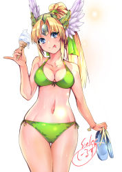 Rule 34 | 1girl, :p, alternate hairstyle, artist name, bikini, blonde hair, blue eyes, blue footwear, bracelet, breasts, cleavage, closed mouth, commentary request, food, forehead jewel, front-tie bikini top, front-tie top, green bikini, green headwear, hair tie, halterneck, head tilt, helmet, highres, holding, holding food, ice cream cone, jewelry, long hair, looking at viewer, medium breasts, navel, parted bangs, pinky out, ponytail, riesz, sandals, seiken densetsu, seiken densetsu 3, side-tie bikini bottom, sieles (sero-sero), signature, skindentation, smile, solo, standing, swimsuit, thigh gap, tongue, tongue out, white background, winged helmet