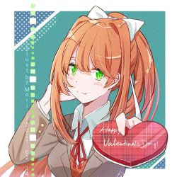Rule 34 | 1girl, artist name, blue background, blush, bow, breasts, brown hair, dated, doki doki literature club, dotted background, english text, fingernails, gift, green eyes, grey jacket, hair between eyes, hair bow, hand on head, heart, holding, holding gift, jacket, long hair, long sleeves, looking at viewer, looking to the side, medium breasts, monika (doki doki literature club), morinohitos, multicolored background, neck ribbon, orange vest, outstretched arm, ponytail, red ribbon, ribbon, school uniform, shirt, shy, sidelocks, solo, standing, valentine, vest, white bow, white shirt