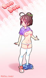 Rule 34 | 1girl, ahoge, artist name, bad id, bad tumblr id, breasts, brown hair, bun bun (neocoill), buttons, character name, clothes lift, clothes pull, collared shirt, commentary, dress shirt, full body, hair bun, hair ornament, large breasts, looking back, lowleg, lowleg panties, navel, neocoill, nipples, original, panties, pink background, ponytail, shirt, shirt lift, shoes, short sleeves, shorts, shorts pull, simple background, single hair bun, smile, sneakers, solo, standing, underwear, watermark, web address, white legwear