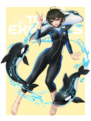Rule 34 | 1girl, ahoge, aqua eyes, barefoot, black hair, bodysuit, breasts, diving suit, full body, highres, index finger raised, looking at viewer, masami chie, official art, orca, parted lips, short hair, small breasts, smile, teeth, tokyo exe girls, wetsuit