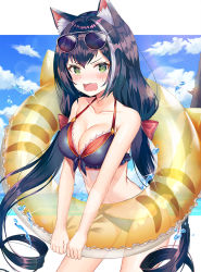 Rule 34 | 1girl, @ @, animal ear fluff, animal ears, bare arms, bare shoulders, bikini, black hair, blue bikini, blush, breasts, caba (caba091), cat ears, cat girl, cat tail, cleavage, cloud, cowboy shot, eyewear on head, front-tie bikini top, front-tie top, green eyes, halterneck, highres, innertube, karyl (princess connect!), karyl (summer) (princess connect!), large breasts, long hair, looking at viewer, low twintails, multicolored hair, open mouth, princess connect!, solo, standing, streaked hair, sunglasses, sunglasses on head, swim ring, swimsuit, tail, tearing up, twintails, v-shaped eyebrows, very long hair, wavy mouth, white hair