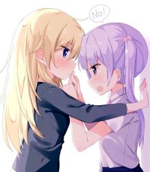 Rule 34 | 2girls, black shirt, blonde hair, blue eyes, blunt bangs, blush, finger to another&#039;s mouth, flower, hair between eyes, hair flower, hair ornament, hisagi (puchimaple), kabedon, long hair, looking at another, multiple girls, new game!, open mouth, profile, purple eyes, purple hair, shirt, simple background, suzukaze aoba, twintails, white background, yagami kou, yuri