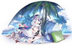 Rule 34 | absurdres, banana, barefoot, beach chair, bikini, black bikini, black bow, black hairband, blind, blue hair, blue sky, blush, border, bottle, bow, breasts, brown headwear, can, cane, cloud, cloudy sky, coconut tree, commentary, cooler, cup, day, dog, drink, drinking glass, drinking straw, food, from side, fruit, full body, green eyes, green hair, hair ribbon, hairband, highres, jacket, jacket partially removed, kneeling, kyundoo, large breasts, long hair, long sleeves, looking at viewer, mahjong, mahjong tile, multicolored hair, official art, palm tree, pink hair, purple ribbon, ribbon, riichi city, sand castle, sand sculpture, saotome yurika (riichi city), sarong, see-through, see-through sarong, sideboob, sky, soles, solo, starfish, swimsuit, table, thigh strap, towel, transparent border, tree, unworn headwear, very long hair, watermelon, watermelon slice, white cane, white jacket, white sarong, white towel